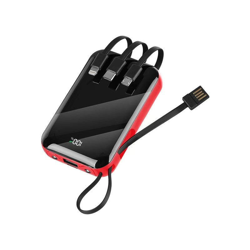 Red power bank showing four built-in charging cables and digital display