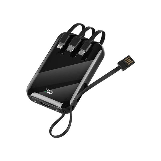 Black power bank showing four built-in charging cables and digital display
