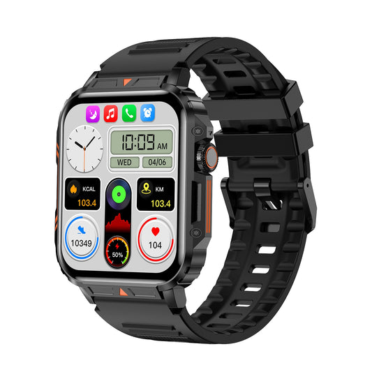 Rugged black smartwatch with rectangular display and protective sport strap