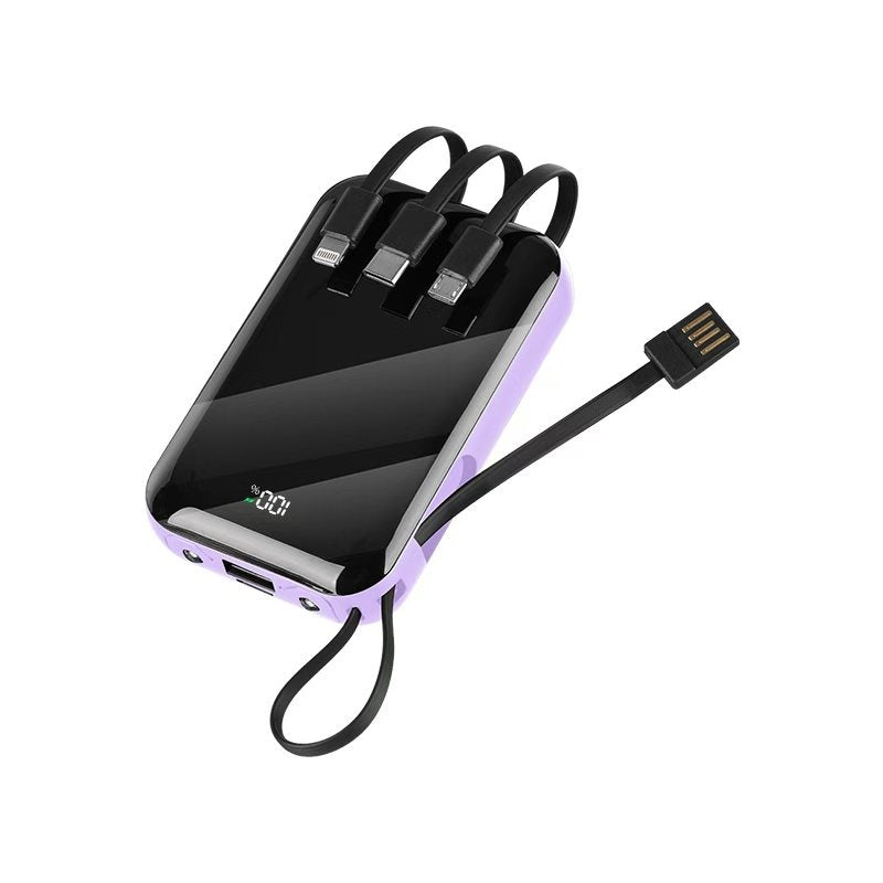 Purple power bank showing four built-in charging cables and digital display