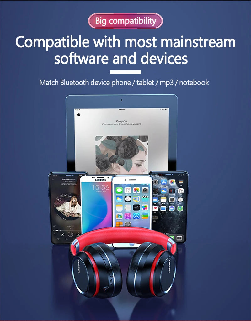 Lenovo HD200 Wireless Headphones - Foldable Over-Ear Comfort + Deep Bass