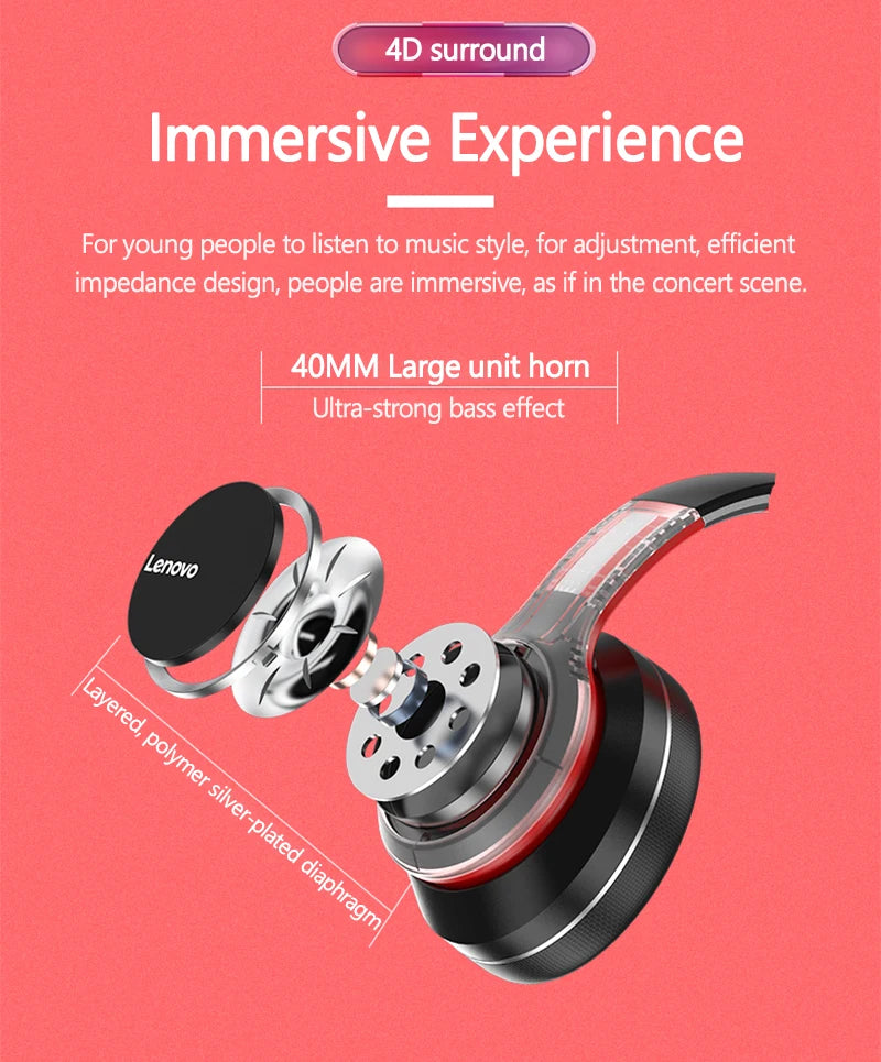 Lenovo HD200 Wireless Headphones - Foldable Over-Ear Comfort + Deep Bass