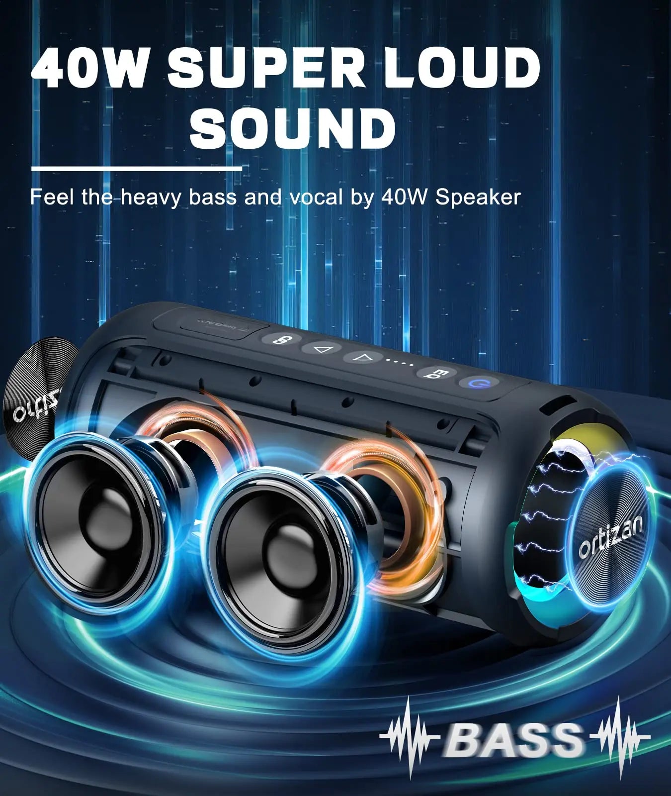 Ortizan 40W Portable Speaker — IPX7 Waterproof, Dual Pairing, Deep Bass
