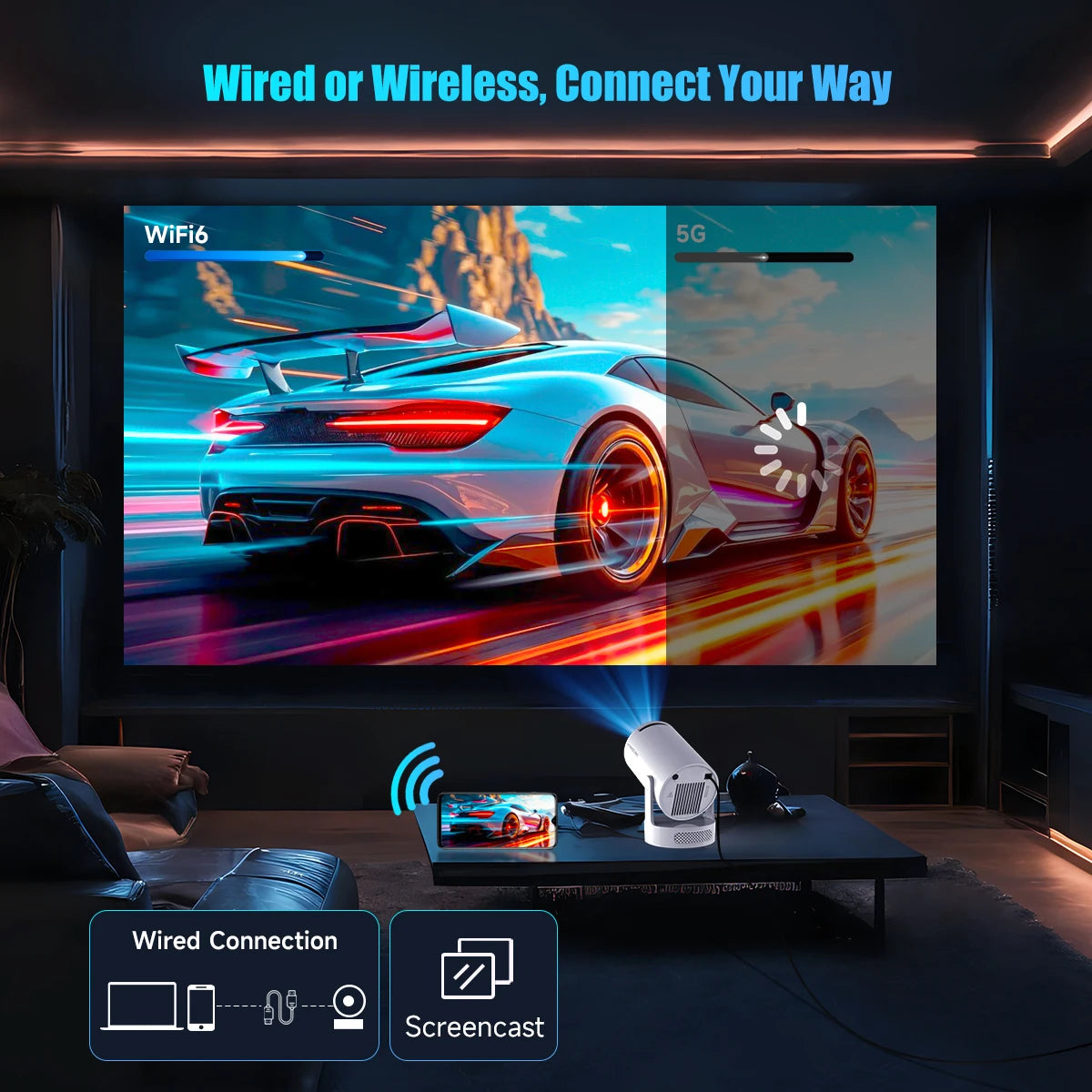 HY300 Pro+ 4K Portable Projector — 8000 Lumens, Wi-Fi 6, Outdoor Ready