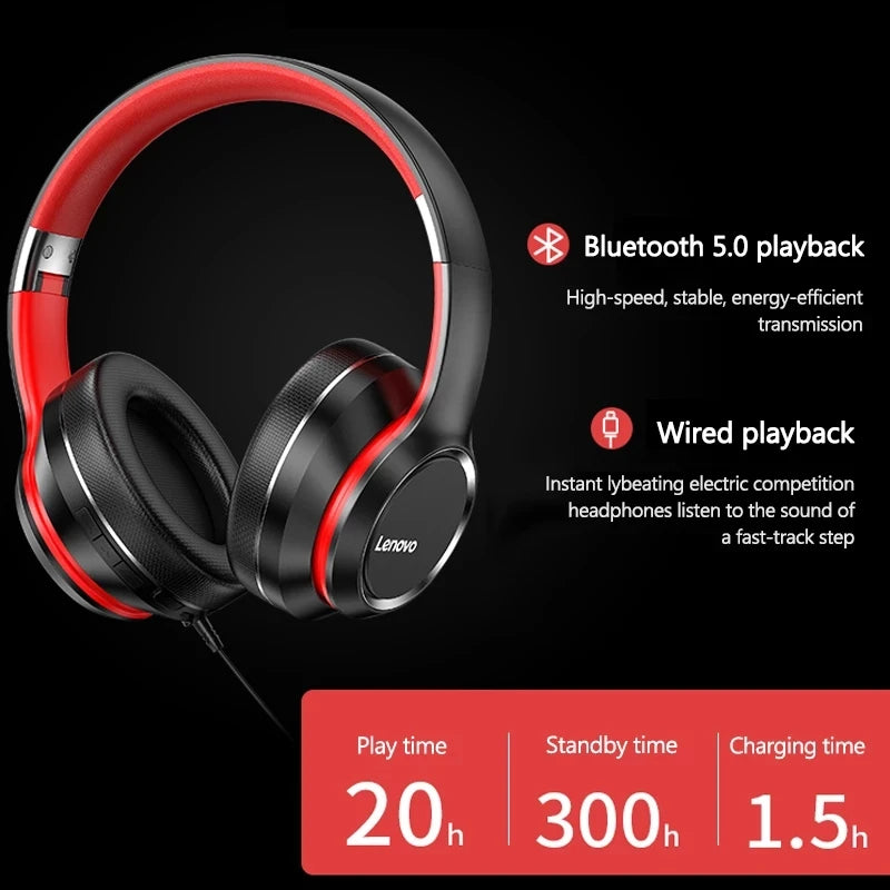 Lenovo HD200 Wireless Headphones - Foldable Over-Ear Comfort + Deep Bass