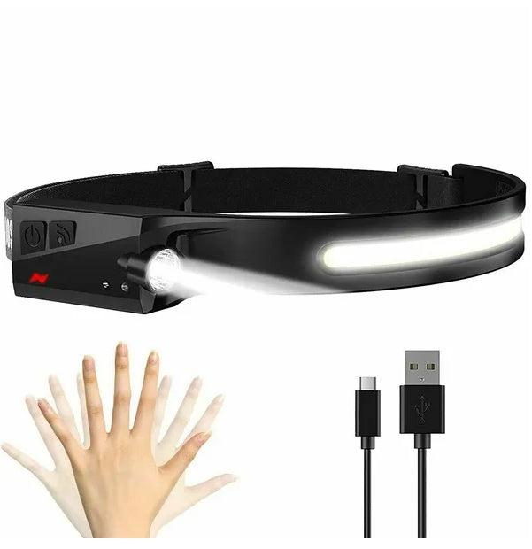 Rechargeable COB LED headlamp with sensor control and USB charging cable