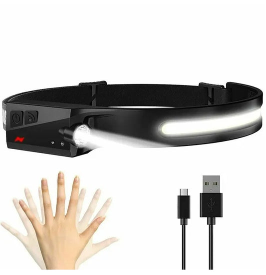 Rechargeable COB LED headlamp with sensor control and USB charging cable