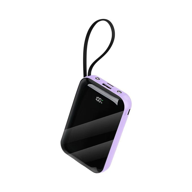 Purple power bank with wrist strap and digital battery display