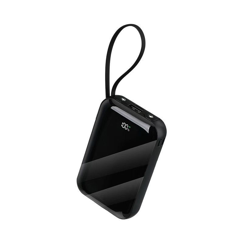 Black power bank with wrist strap and digital battery display