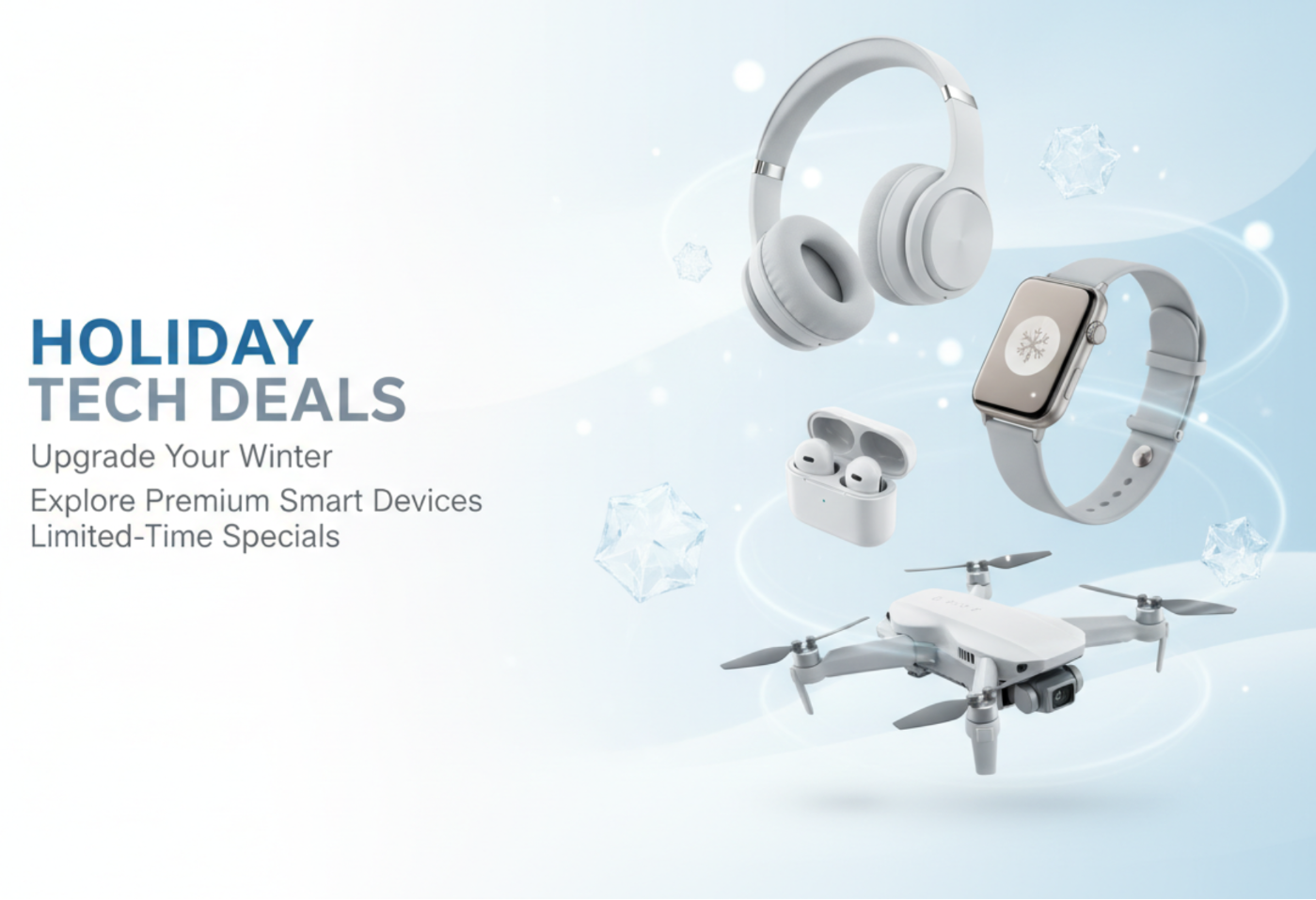 Modern tech promotional banner featuring smart gadgets. Clean white and light blue background with soft gradients and a minimal winter or neutral theme. Include wireless headphones, a smartwatch, earbuds, and a small drone floating subtly. Style is bright, modern, high-tech, and very crisp. Add text area space on the left side with room for headings with holiday specials title. Professional e-commerce banner aesthetic.
